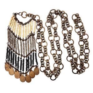 1970s Boho Fringe Beaded Necklace Brass Coin Dangles 38” Long Layering Chain